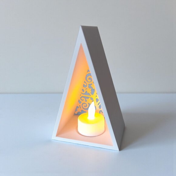Pyramid Christmas Tree Lantern Tealight Holder w/Tealight LED Candle White - Picture 7 of 13